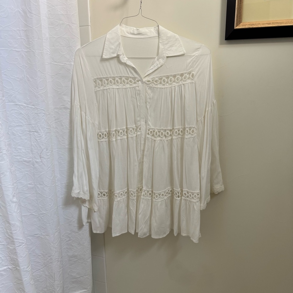 Source Unknown Cream Lace Detail Blouse